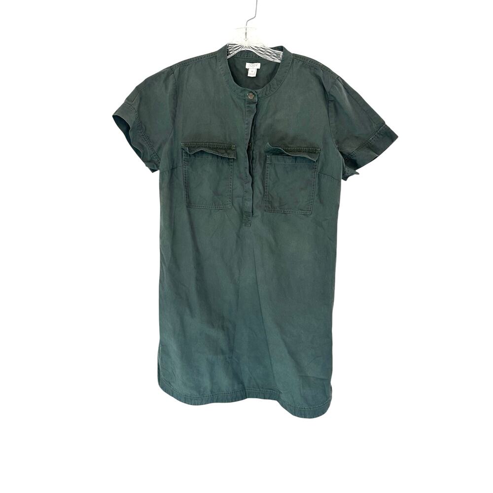 J.Crew Green Basic Cotton Short Sleeve Mock Neck Safari Shirt Dress Size‎ 14